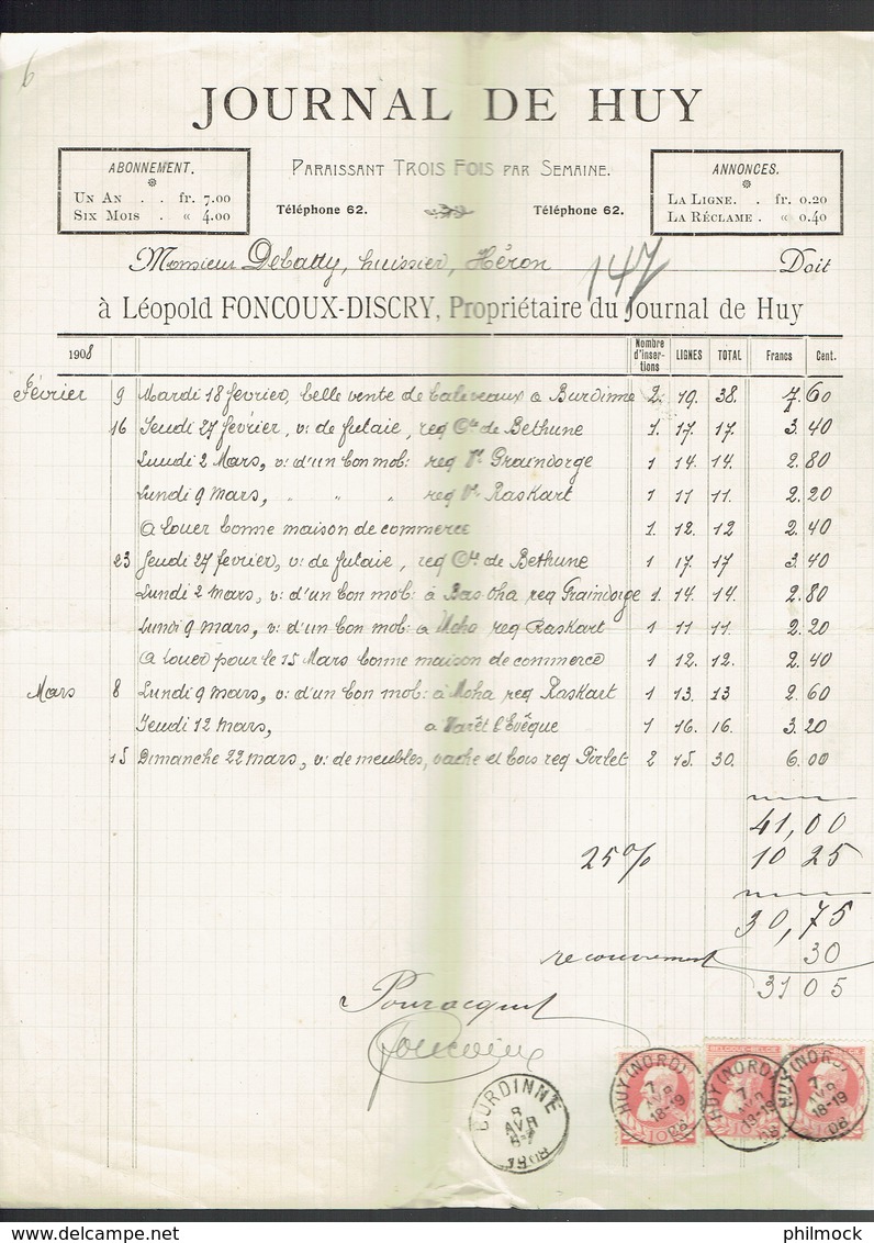 M.Facture Journal De Huy - Obl Huy(Nord) Le 7-Avr-1908 Sur 74x3 Par Burdinne Vers Héron - 1900 – 1949