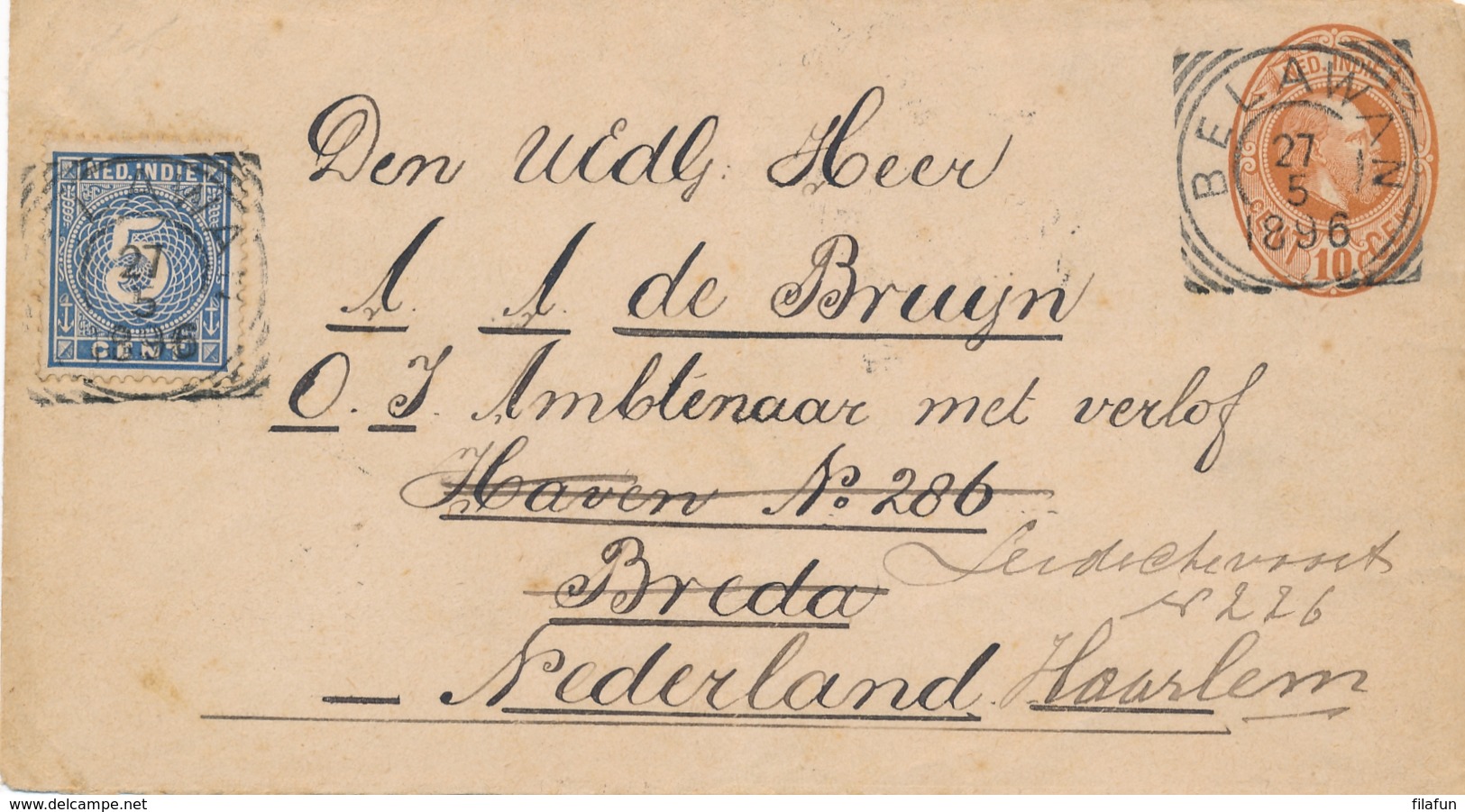 Nederlands Indië - 1896 - 5 Cent Cijfer Op Envelop G6 Van VK BELAWAN Naar Haarlem / Nederland - Nederlands-Indië