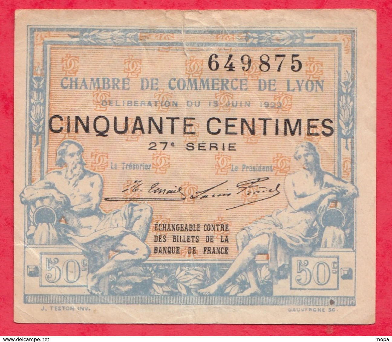 50 Centimes  Chambre De Commerce De Lyon Du 15 Juin 1922   Dans L 'état (97) - Chambre De Commerce