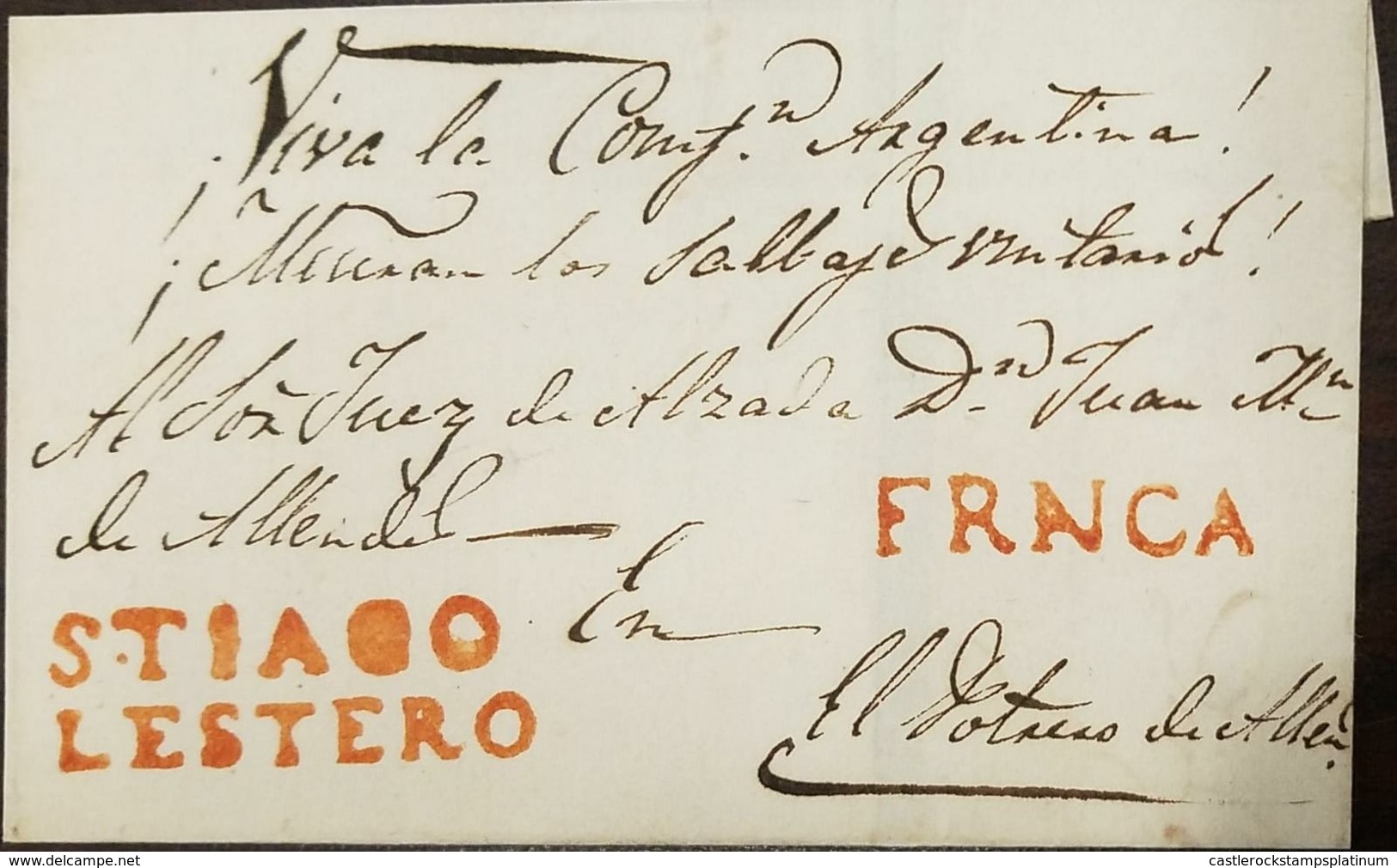 O) 1852 ARGENTINA, PREPHILATELY-PRESTAMP, SMALL OUTER WRAPPER WITH MANUSCRIPT VIVA LA CONFD ARGENTINA-AT TOP SENT FROM S - Prephilately