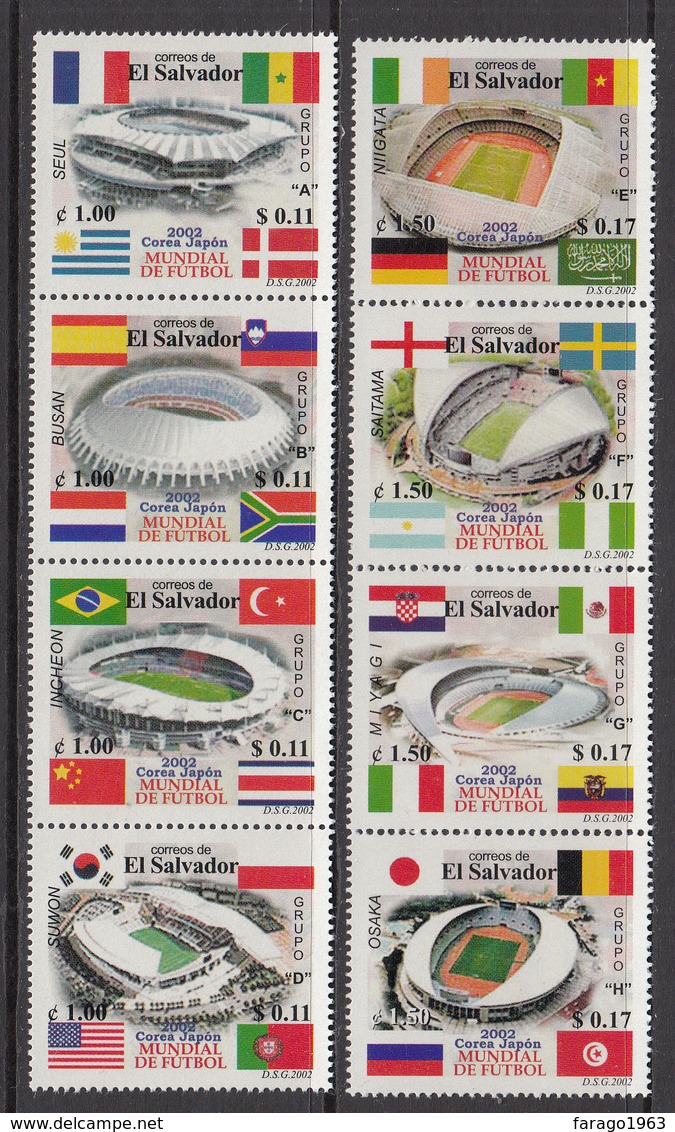 2002 El Salvador World Cup Football Korea  Complete Set Of 2 Strips Of 4 MNH - El Salvador