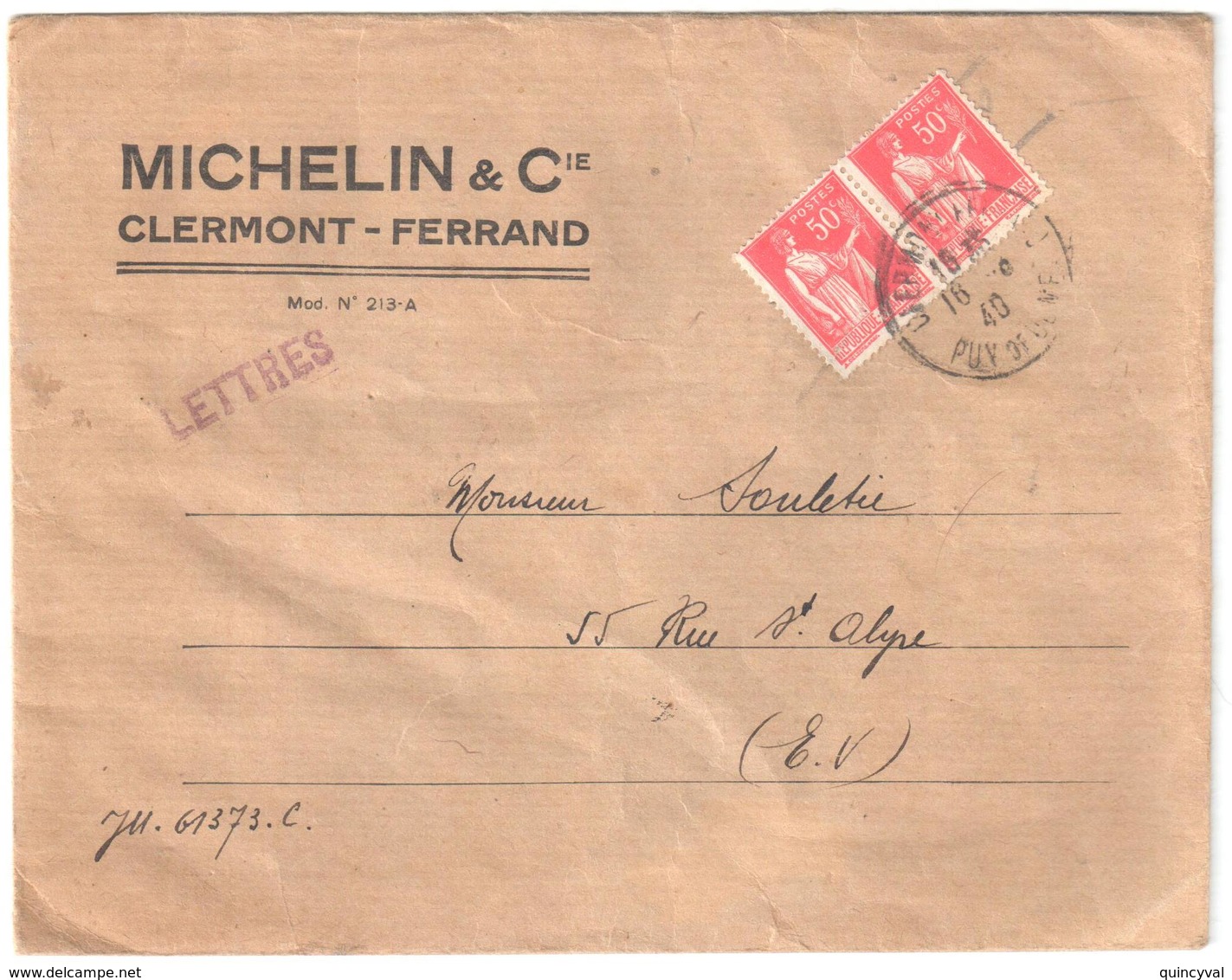 CLERMONT FERRAND Puy De Dôme Lettre Entête MICHELIN 50c Paix Rouge Ob 1940 - Lettres & Documents