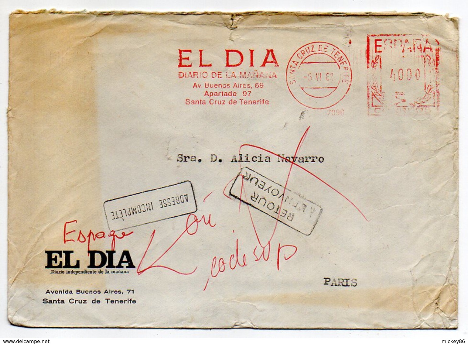 Espagne--1962--Santa Cruz De Tenerife Pour Paris (France)--EMA "EL DIA" - Briefe U. Dokumente