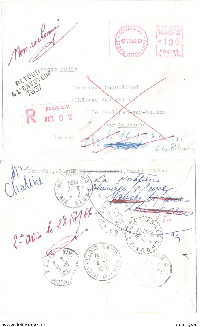 PARIS XIV Lettre Recommandée EMA 1,30 F Etiquette Ob 1966 Dest Varennes Les Choux  RETOUR A L'ENVOYEUR 7637 N° Blanc - Lettres & Documents
