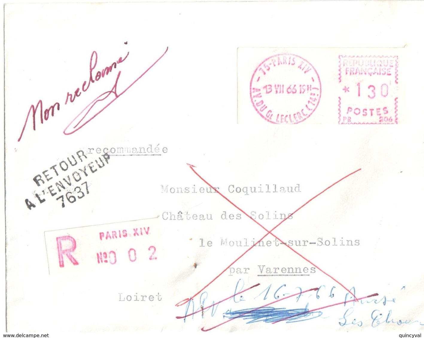 PARIS XIV Lettre Recommandée EMA 1,30 F Etiquette Ob 1966 Dest Varennes Les Choux  RETOUR A L'ENVOYEUR 7637 N° Blanc - Cartas & Documentos