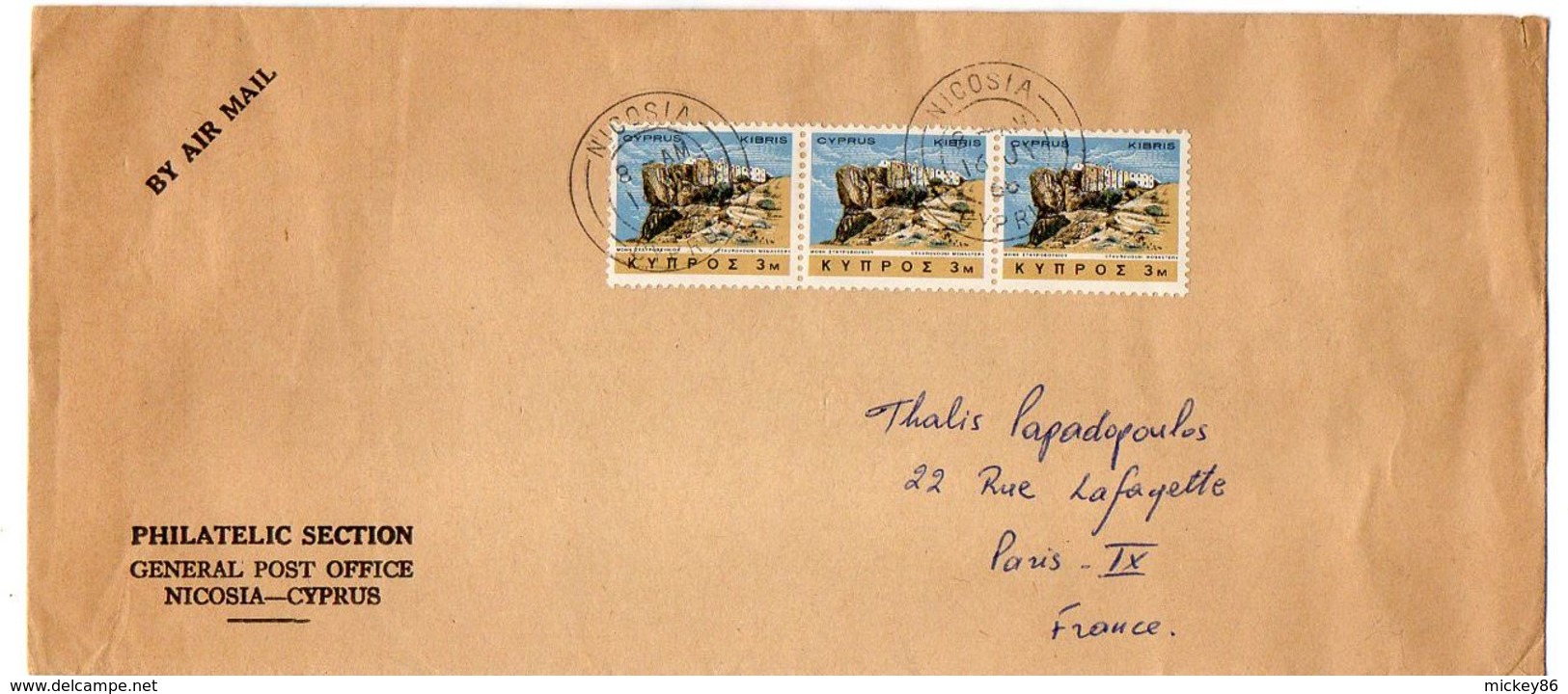 CHYPRE--1966--Lettre De NICOSIE Pour PARIS (France)-Bande Horizontale De 3 Timbres - Lettres & Documents