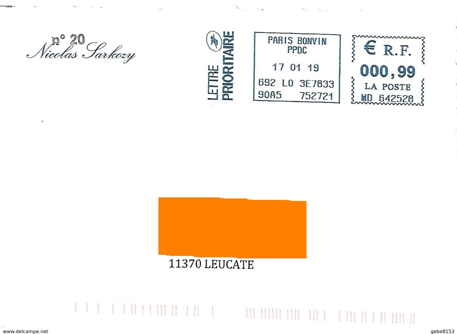 EMA MD 642528 Paris Bonvin Sur Enveloppe N°20 Au Nom De Nicolas Sarkozy - EMA (Print Machine)