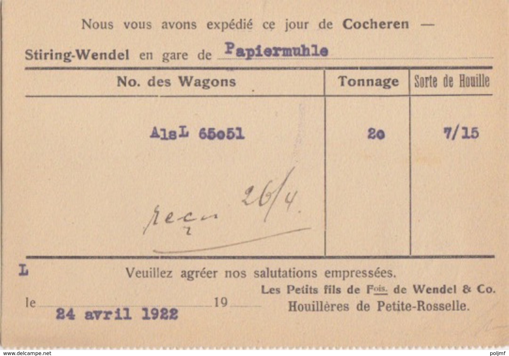 C CP à Entête Des Houillères De Petite-Rosselle (T 201) Le 24/4/22 Sur 20c Semeuse Brun Pour Wasselone - Lettres & Documents