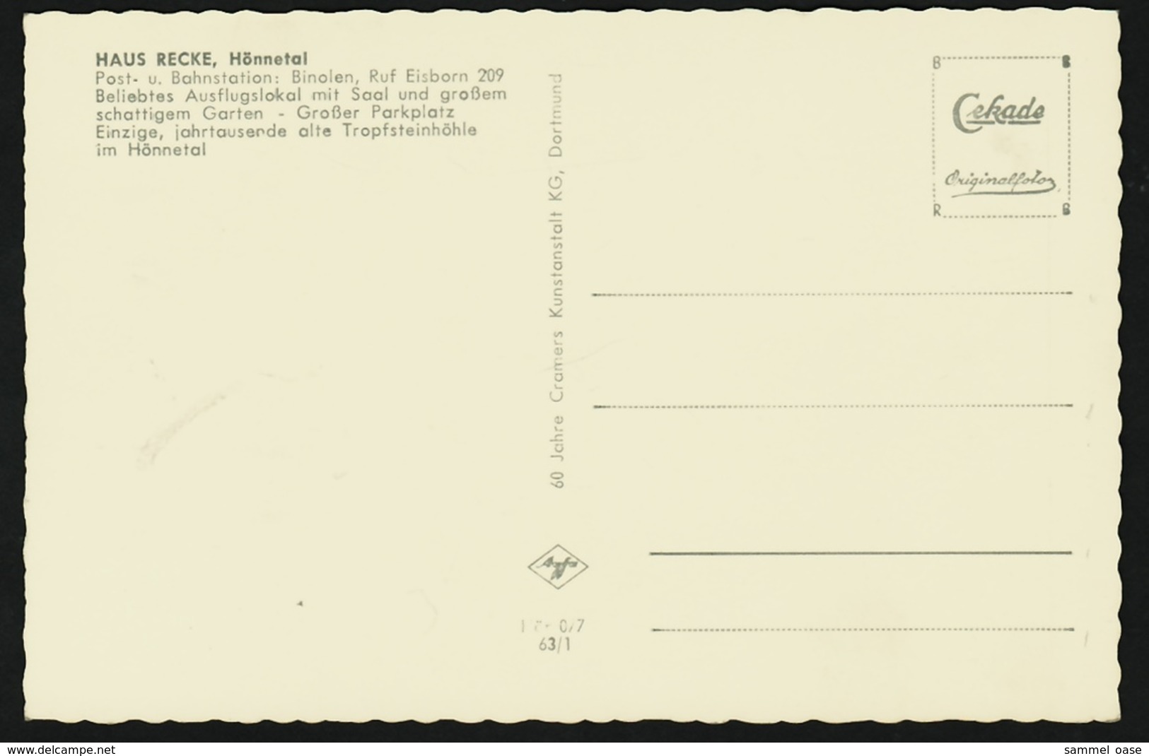 Hönnetal  -  Reckenhöhle  -  Paradies   -  Ansichtskarte Ca.1960    (9649) - Schmallenberg