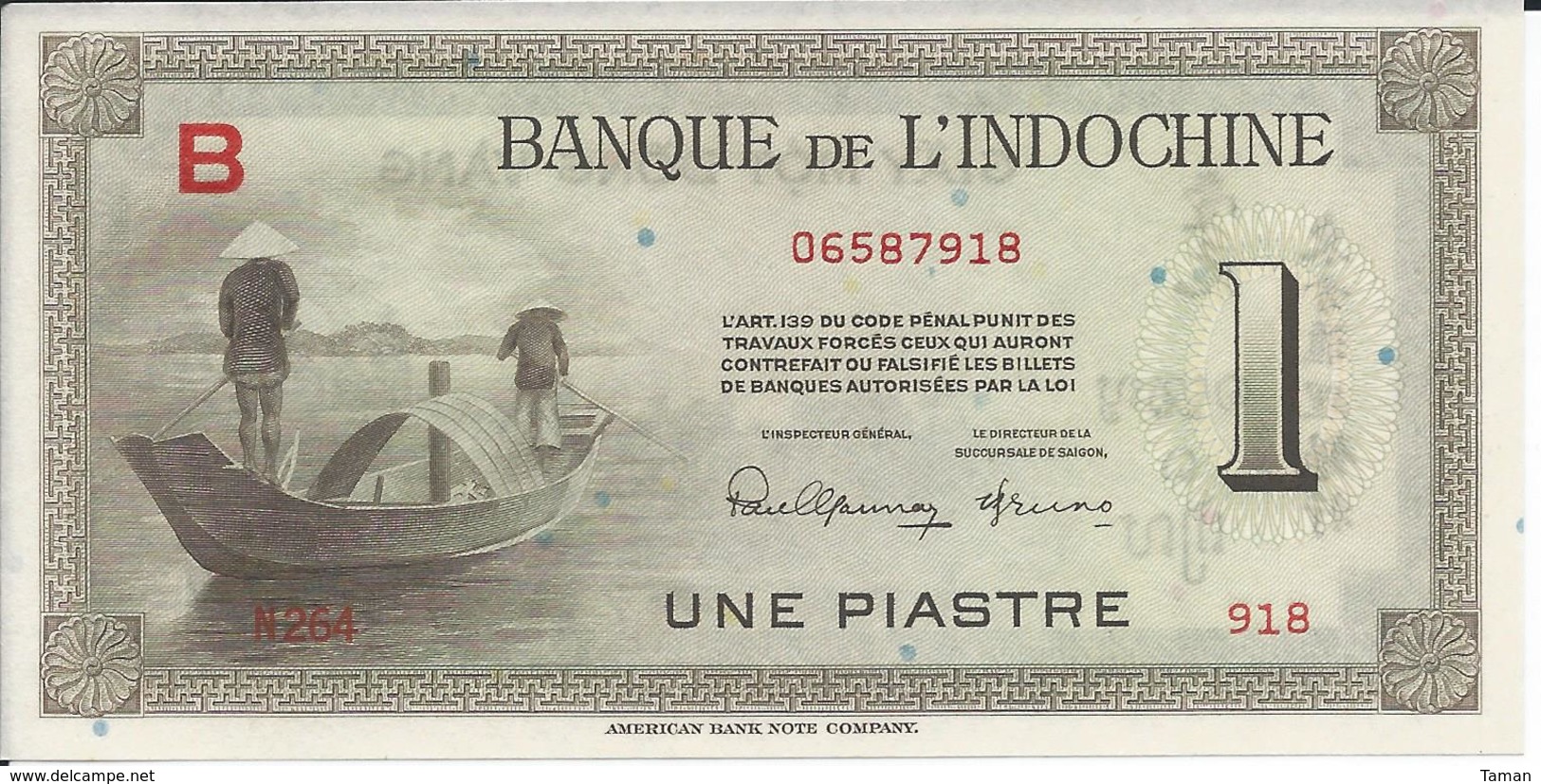 INDOCHINE   1  Piastre   Nd(1945)   -- UNC --   Lettre  B - Indochina