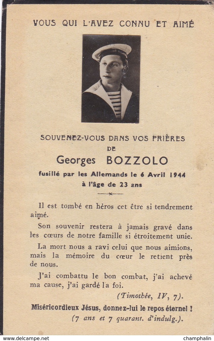 Faire-part De Décès - Mémento - Georges Bozzolo - Fusillé Le 6 Avril 1944 - Frotey-lès-Vesoul (70) - Résistance WWII - Décès