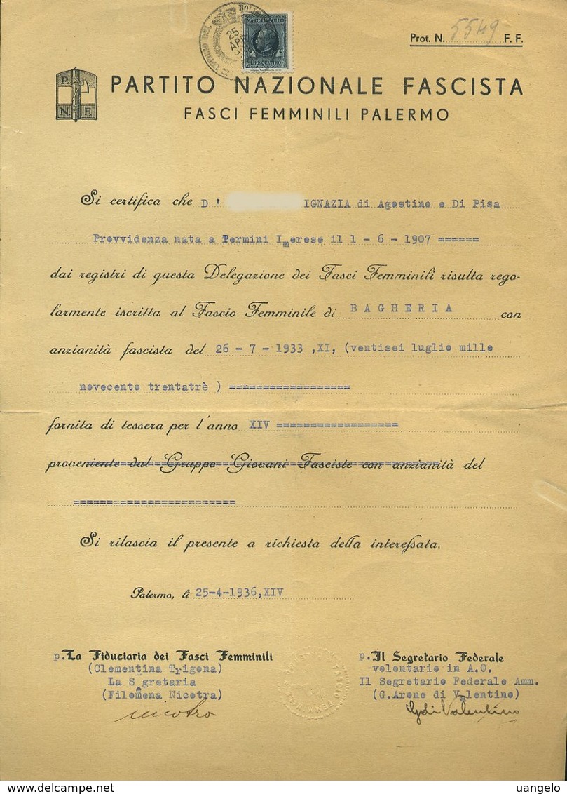 273 1936 ,FASCI FEMMINILI DI PALERMO  CERTIFICATO DI ISCRIZIONE AI FASCI FEMMINILI DI BAGHERIA - Historische Documenten