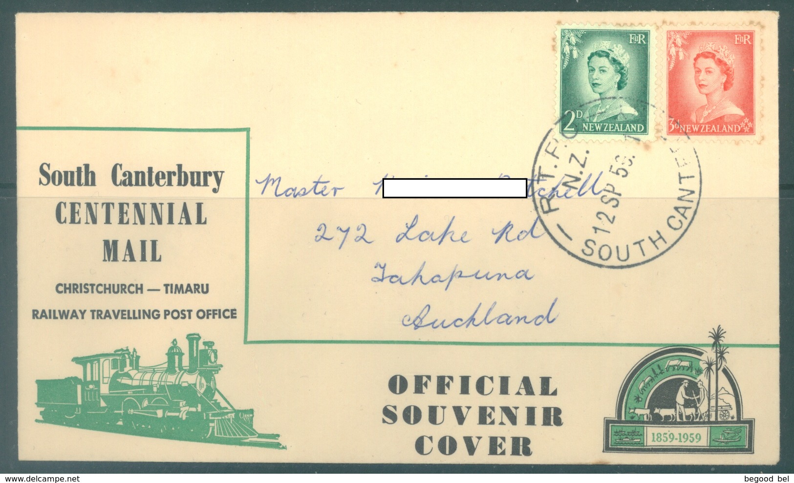 NEW ZEALAND - 12.9.1959 - 100th ANNIVERSARY SOUTH CANTERBURY  RTPO CHRISTCHURCH TIMARU - Lot 18973 - Lettres & Documents