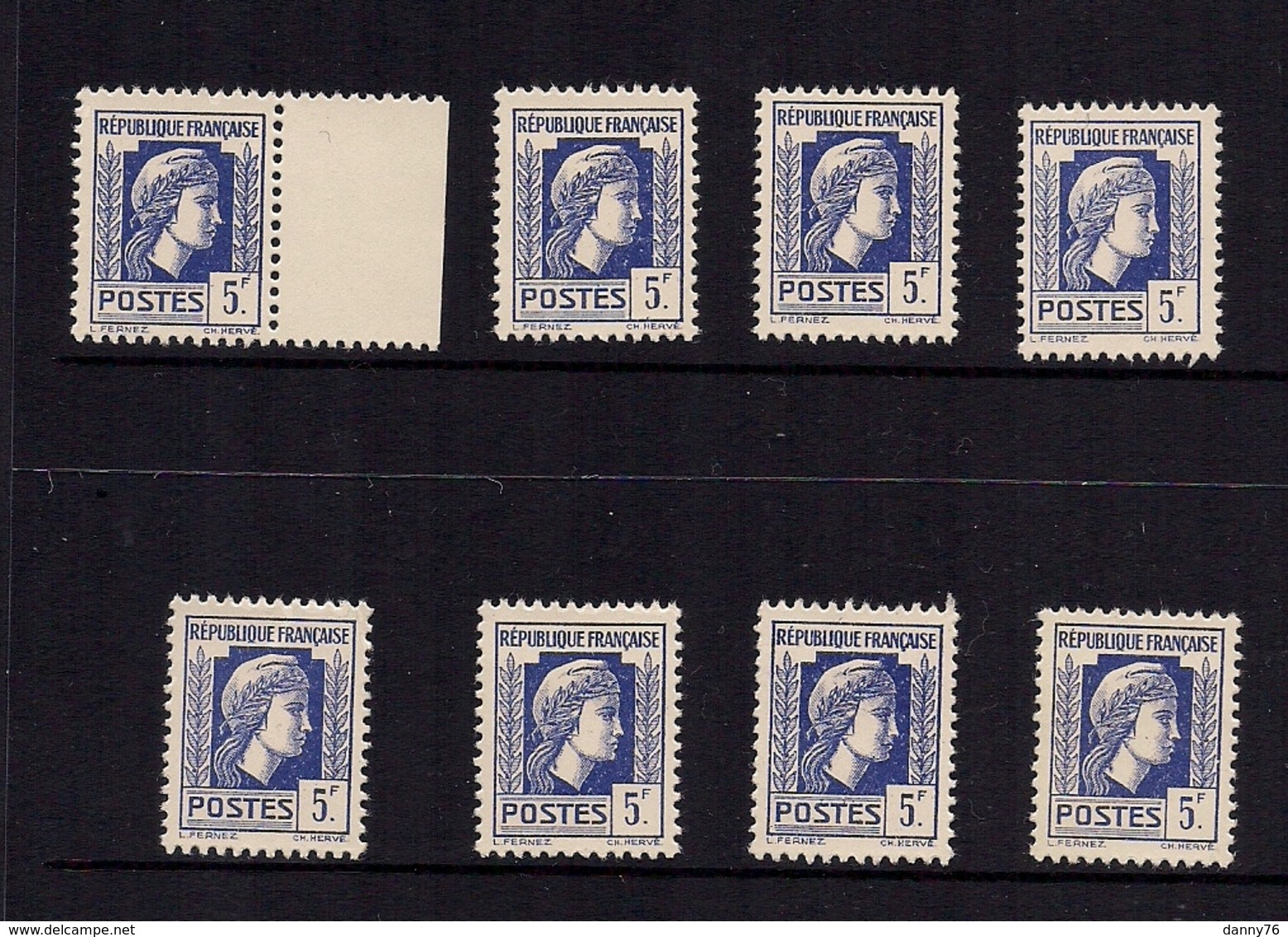 N° 645  *  LOT DE 8 TIMBRES NEUFS SANS CHARNIERES DU 5 FCS BLEU-VIOLET MARIANNE D'ALGER  * - 1944 Coq Et Marianne D'Alger