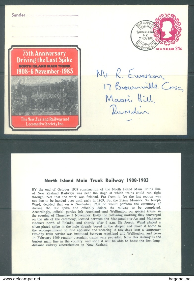 NEW ZEALAND - 7.11.1983 - 75th ANNIVERSARY DRIVING THE LAST SPIKE NORTH ISLAND MAIN TRUNK - Lot 18974 - Entiers Postaux