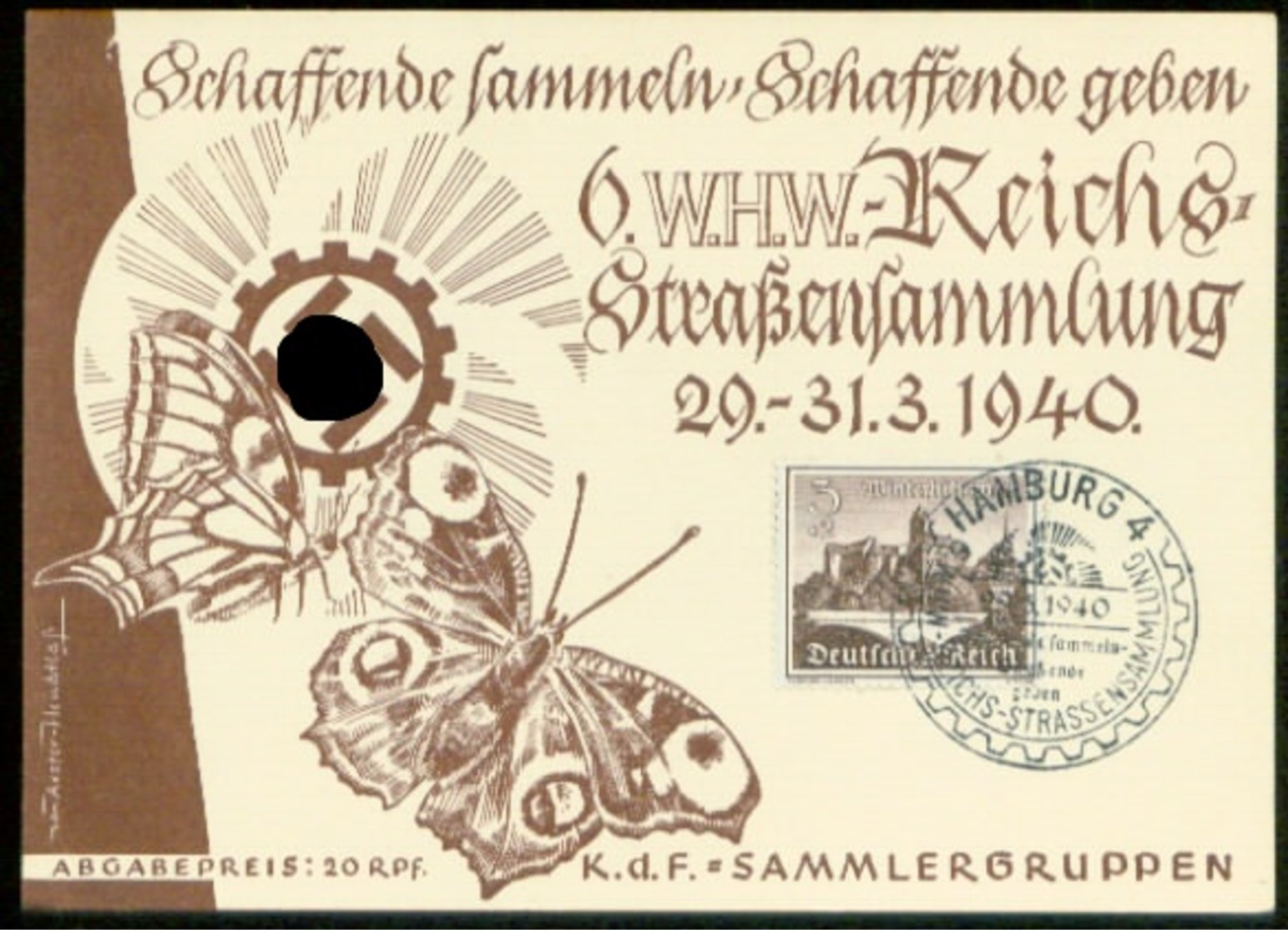 Propagandakarte : WHW , KdF Karte Schmetterlinge Gebraucht Sonderstempel Hamburg 1940 . - Briefe U. Dokumente