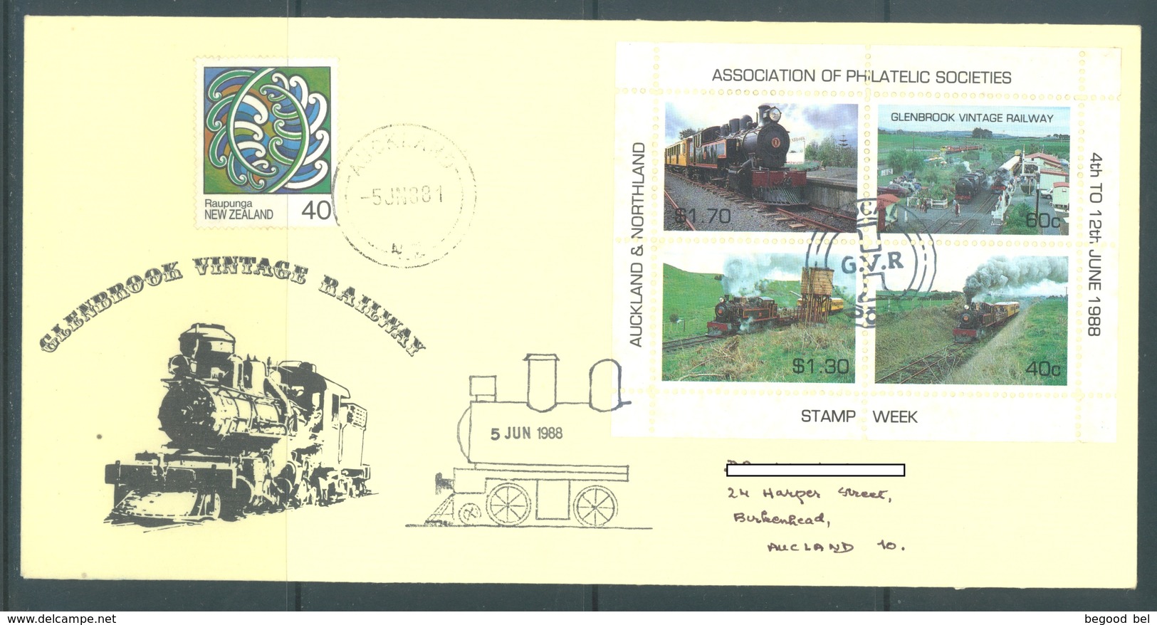 NEW ZEALAND - 5.6.1988 - CINDERELLA GLENBROOK VINTAGE RAILWAY BLOC - Lot 18976 - Sonstige & Ohne Zuordnung