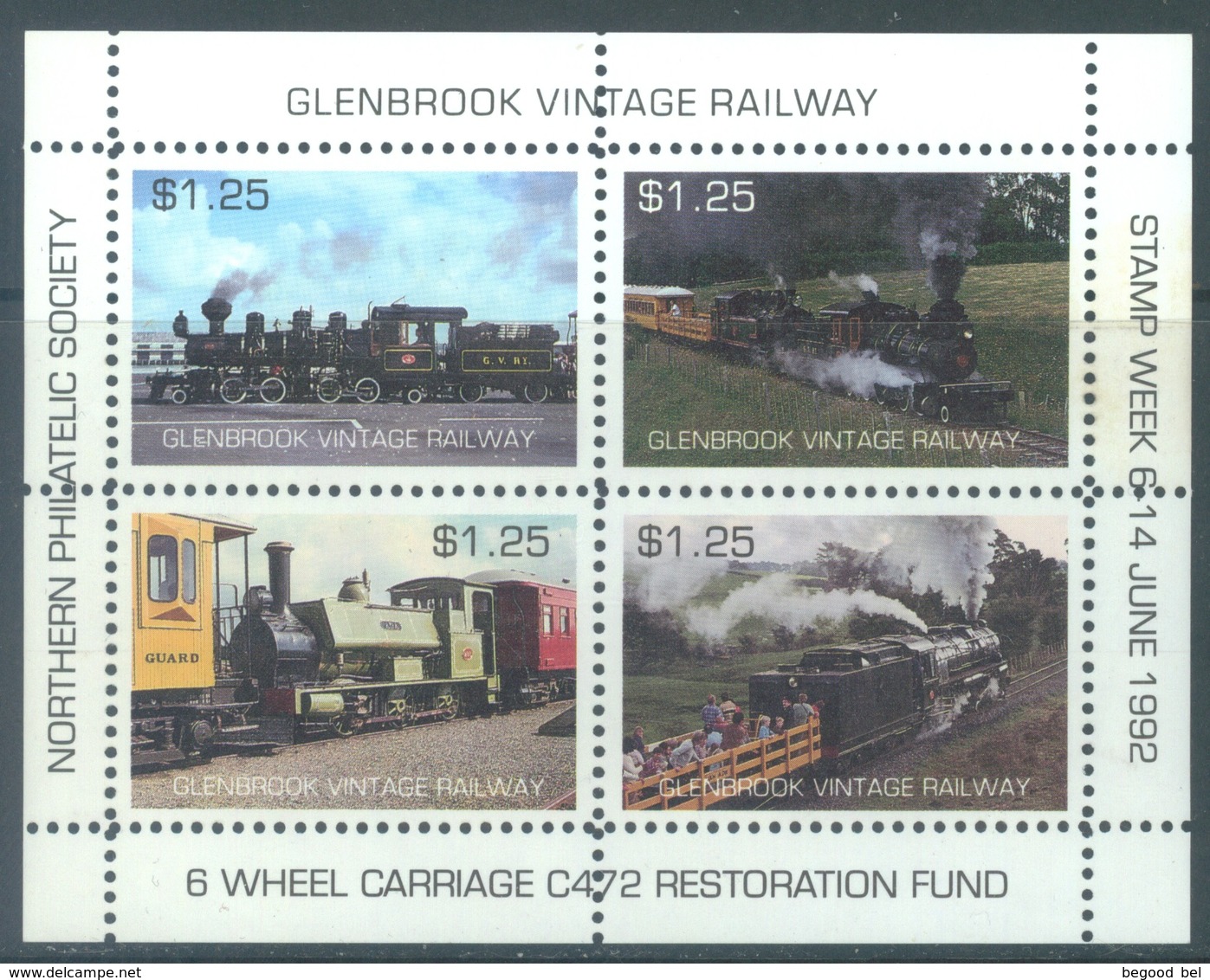 NEW ZEALAND - 1992 - MVLH/* - CINDERELLA GLENBROOK VINTAGE RAILWAY BLOC - Lot 18977 - Autres & Non Classés