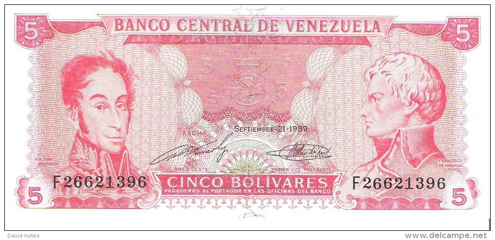Venezuela  - Pick 70 - 5 Bolivares 1989 - Unc - Venezuela