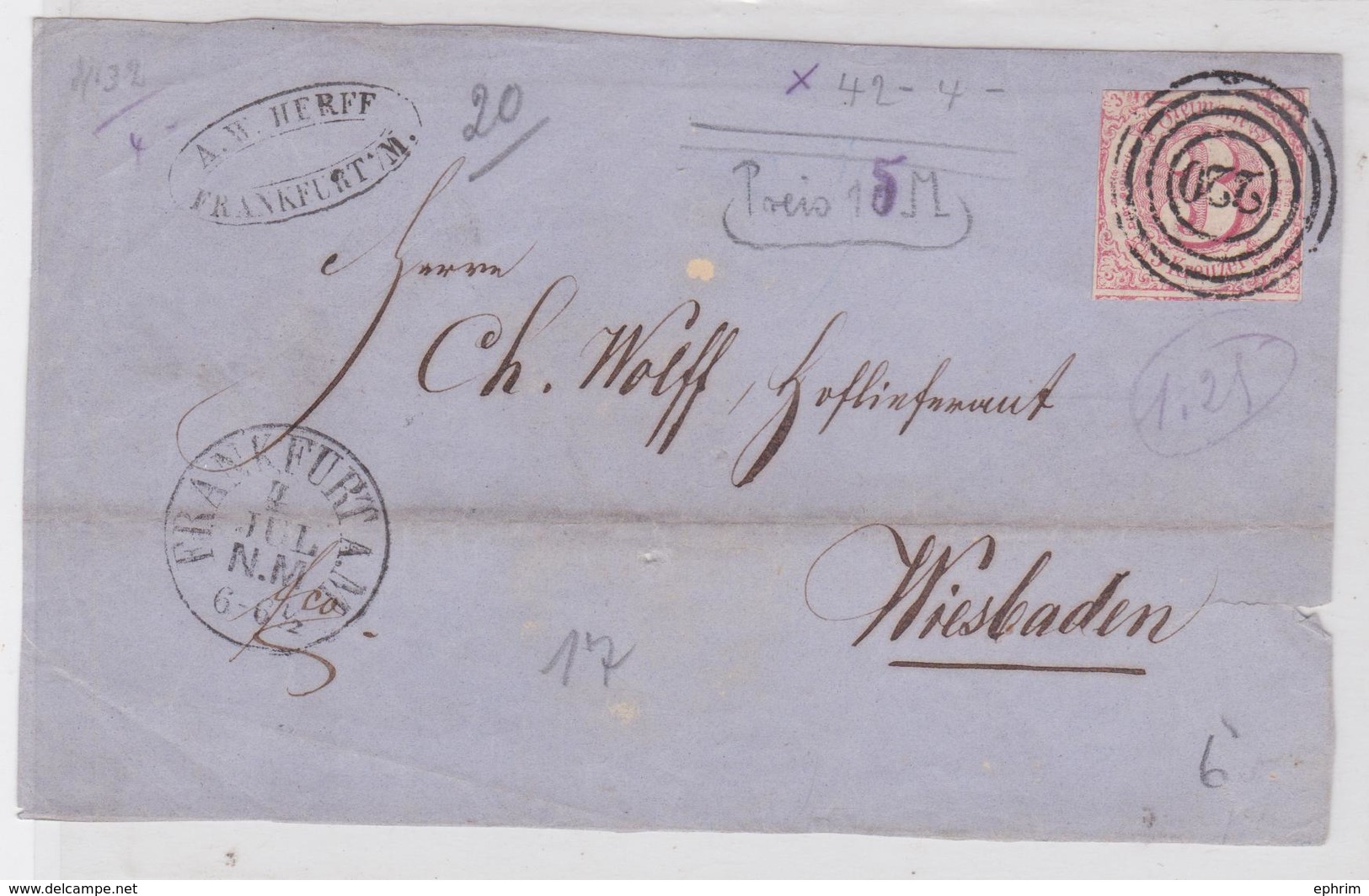 BRIEF HERFF FRANKFURT TO WOLFF WIESBADEN STEMPEL 3 KREUZER BRIEFMARKEN 220 CHIFFRE CERCLE MARQUE POSTALE FRANCFORT HESSE - Autres & Non Classés