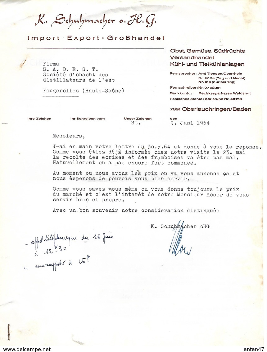 Facture 1964 / Allemagne OBERLAUCHRINGEN BADEN / SCHUHMACHER / Import Export Grobhandel - 1950 - ...