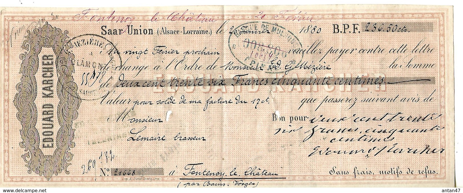 Facture + Traite + Carte Commerciale 1880 / Allemagne / SAAR-UNION / Alsace-Lorraine / E KHARCHER /Houilles & Cokes - 1800 – 1899