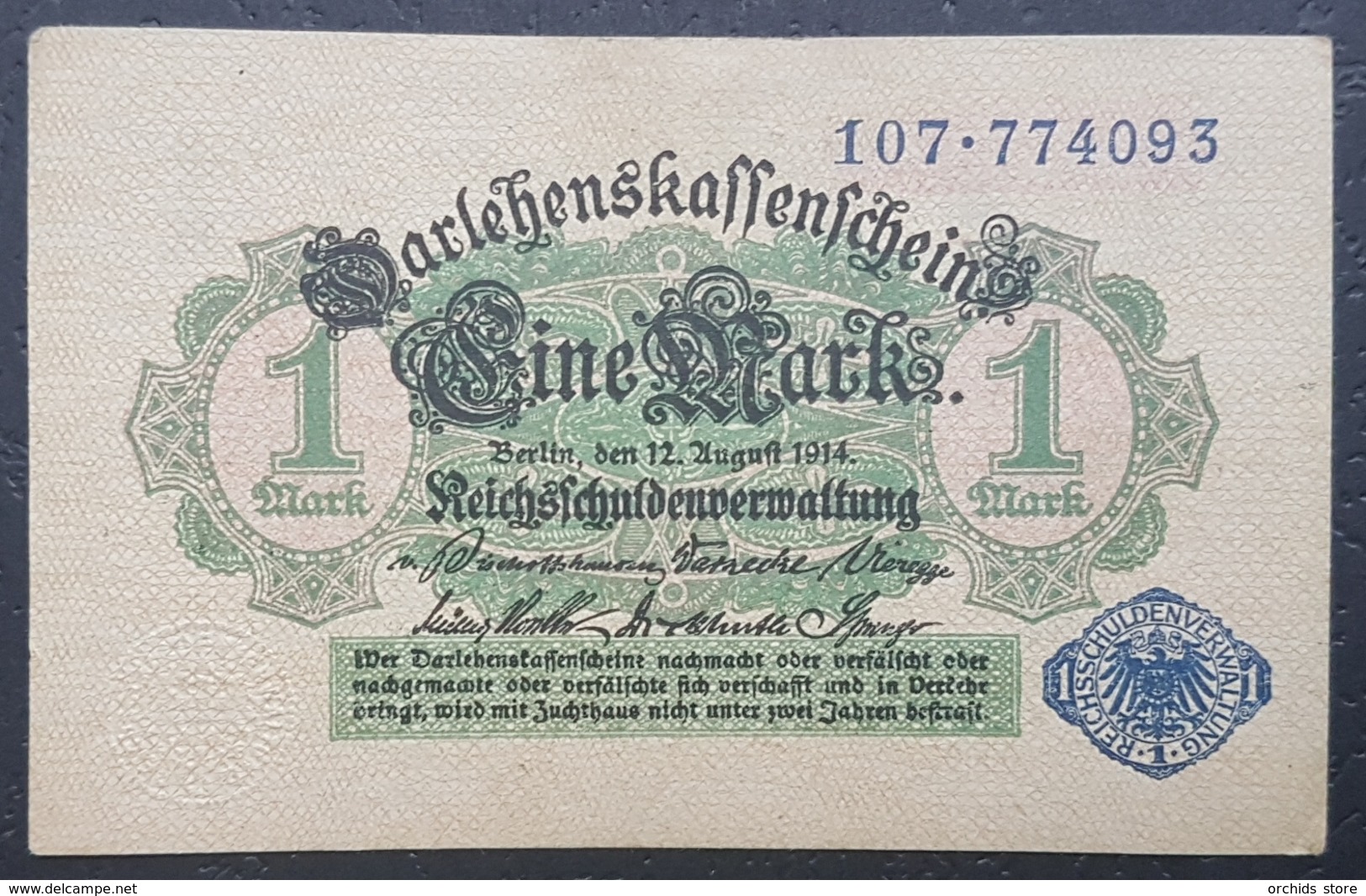 EBN12 - Germany 1914 (1920) Banknote 1 Mark Blue Serial & Seal Pick #52 - Other & Unclassified