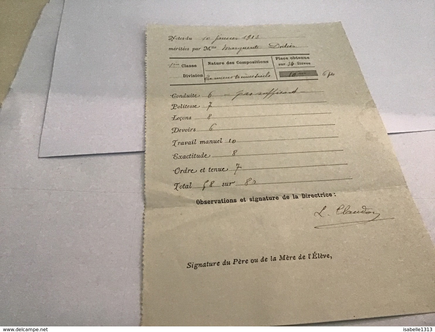 Note Du 1913école De Remiremont Relevé De Notes Nature Des Compositions Place Obtenue Par L’élève Conduite Politesse Le - Diplômes & Bulletins Scolaires