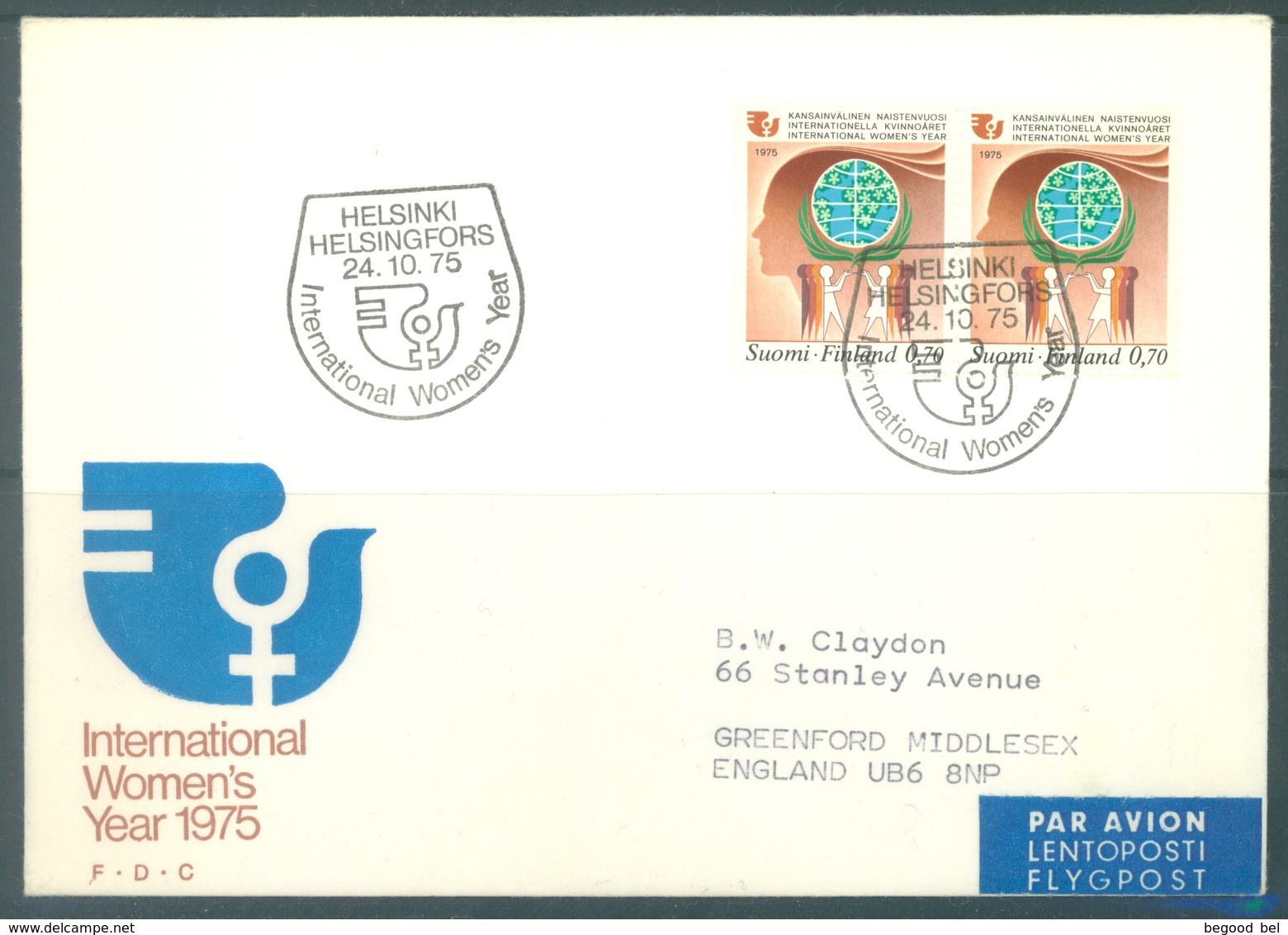 FINLAND - 24.10.1975 - FDC - AIR MAIL TO UK - WOMEN'S YEAR  - Yv 738 Mi 774 - Lot 18983 - FDC