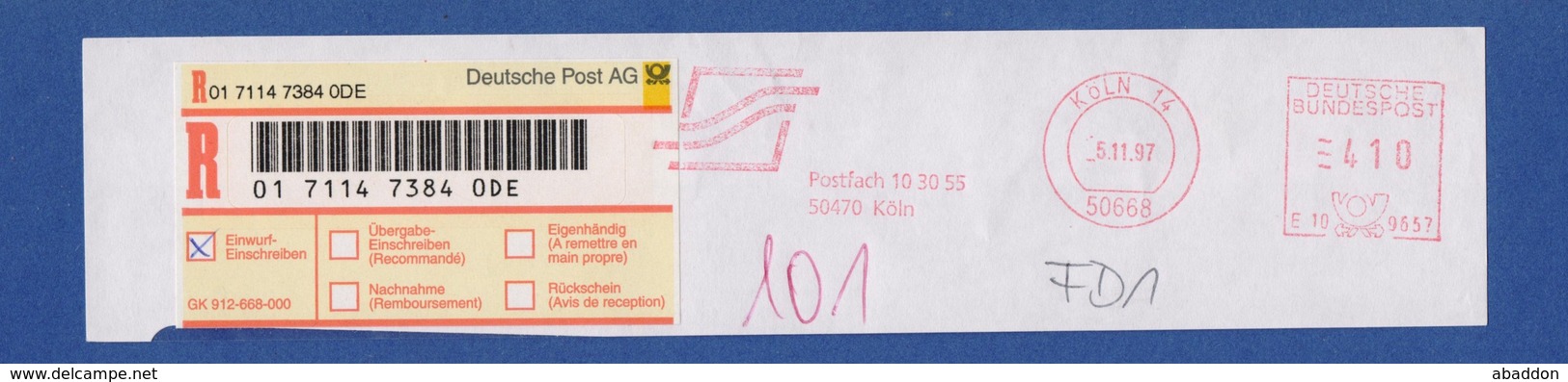 BRD AFS - Köln, Postfach 103055 -- 1997 + R-Zettel - Macchine Per Obliterare (EMA)