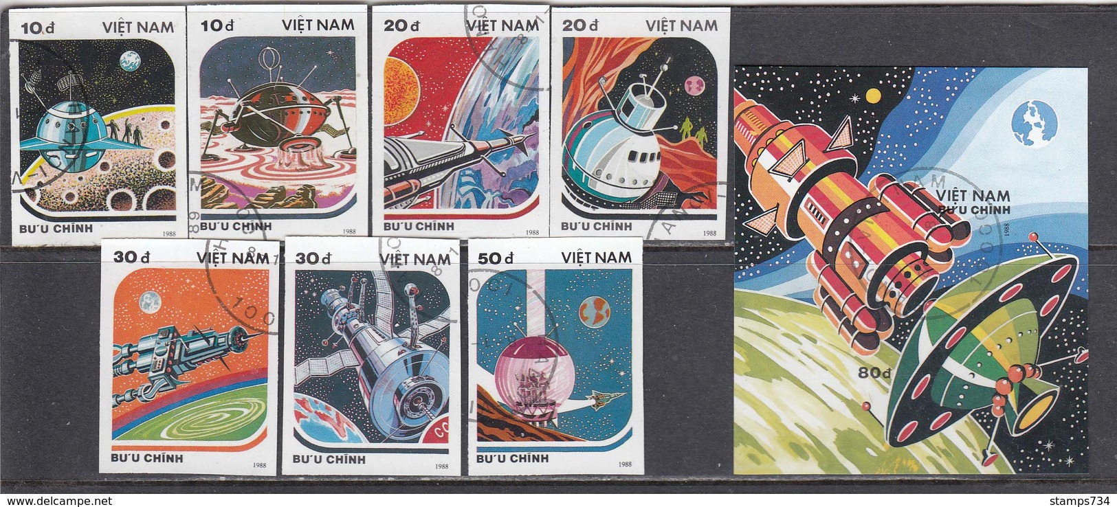 Vietnam 1988 - Space, Set Of 7 Stamps+s/sh, Imperforated, Canceled - Vietnam