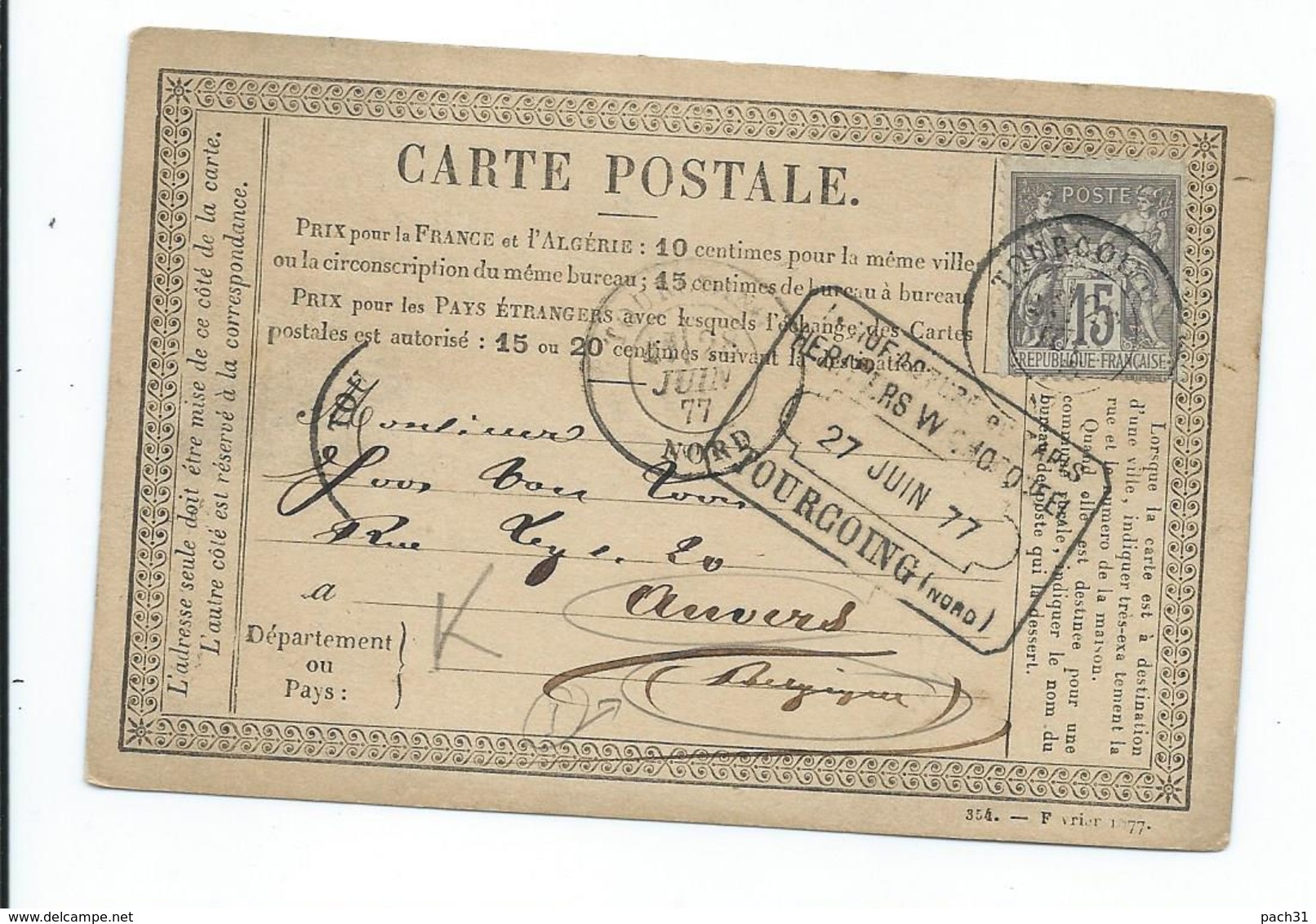 N° YT 77 Sur Carte Postale De Tourcoing Pour Avers Belgique 1877 - 1876-1898 Sage (Type II)