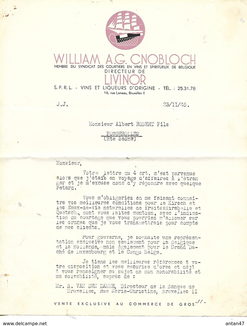 Facture  1946 / Belgique / BRUXELLES / WILLIAM CNOBLOCH / Vins Et Liqueurs - 1900 – 1949