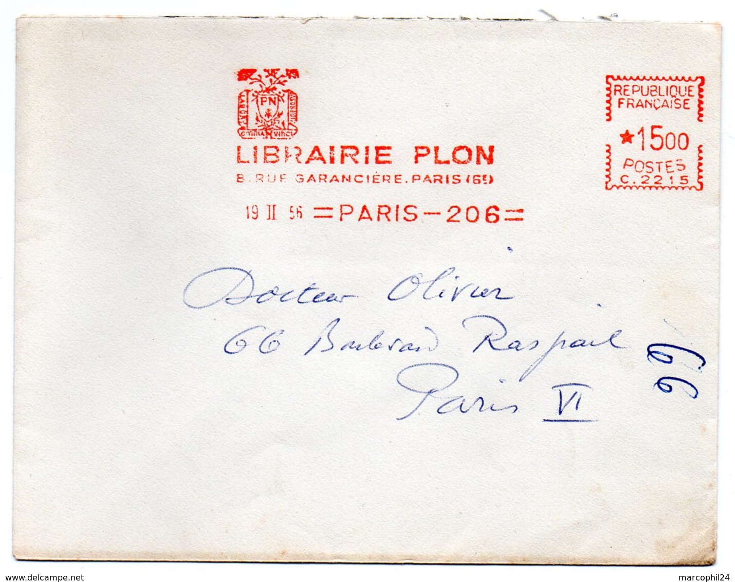 EDITION + LIBRAIRIE = PARIS 1956 = EMA  = ' LIBRAIRIE PLON ' - EMA (Empreintes Machines à Affranchir)