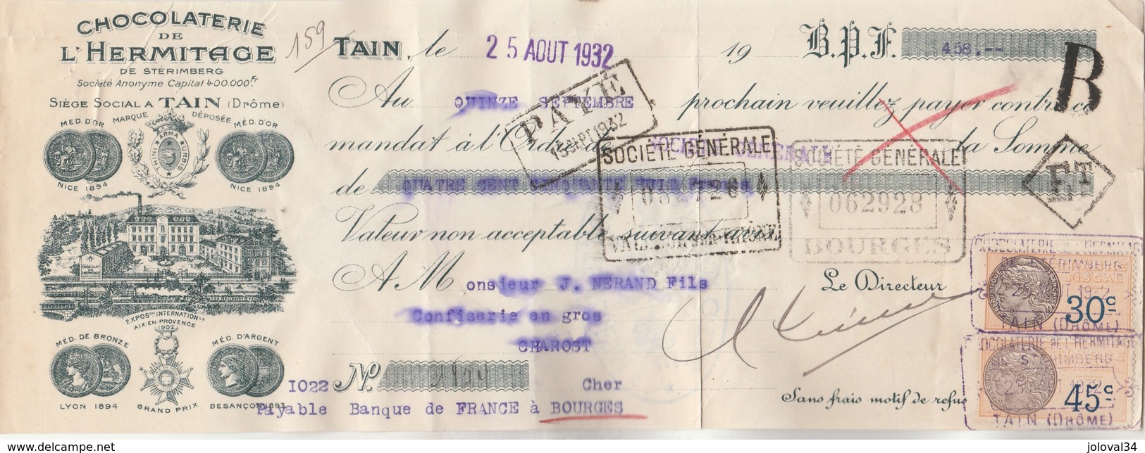 Lettre Change Illustrée 25/8/1932 Chocolaterie De L' HERMITAGE De Sterimberg TAIN Drôme - Nérand Charost Cher - Lettres De Change