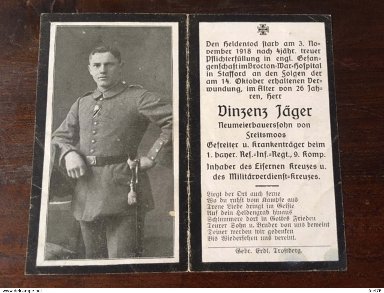 Sterbebild Wk1 Ww1 Bidprentje Avis Décès Deathcard RIR1 Krankenträger BROCTON War Hospital Stafford Cannock Chase - 1914-18