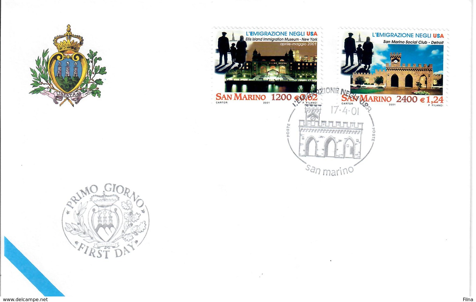 SAN MARINO 2001 - EMIGRAZIONI NEGLI USA - FDC - FDC