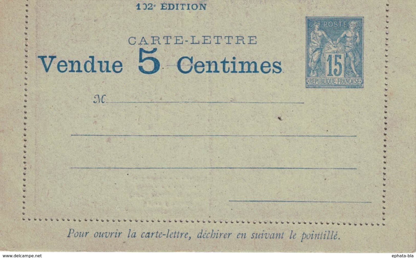 France: Entier Carte Lettre Publicitaire,15c Sage, Vendue 5 Centimes. Neuve - Cartes-lettres