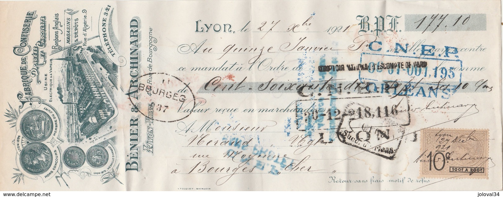 Lettre Change Illustrée 27/12/1921 BENIER ARCHINARD Confiserie Chocolat LYON - Mérand Bourges - Lettres De Change