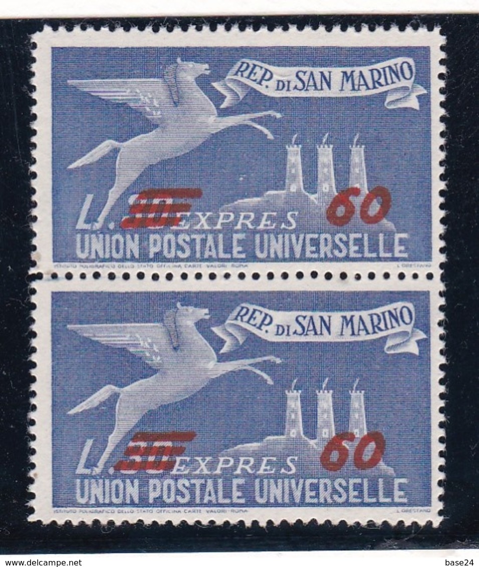 1947 San Marino Saint Marin ESPRESSO SOPRASTAMPATO 2 Valori 60L Su 30L (19) Coppia MNH** Express - Express Letter Stamps