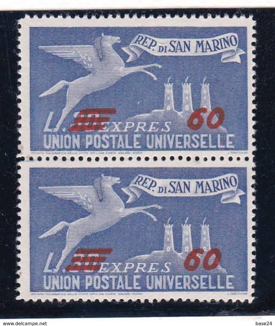 1947 San Marino Saint Marin ESPRESSO SOPRASTAMPATO 2 Valori 60L Su 30L (19) Coppia MNH** Express - Francobolli Per Espresso