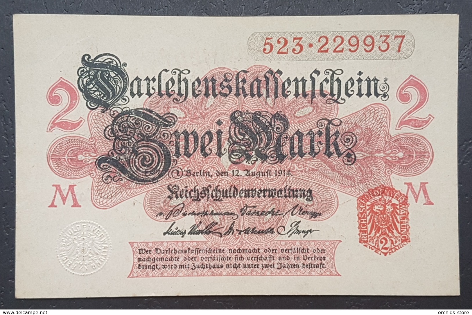 EBN12 - Germany 1914 WWI Banknote 2 Mark Red Serial & Seal, Uncoloured Underprint,  Pick #58 - Other & Unclassified
