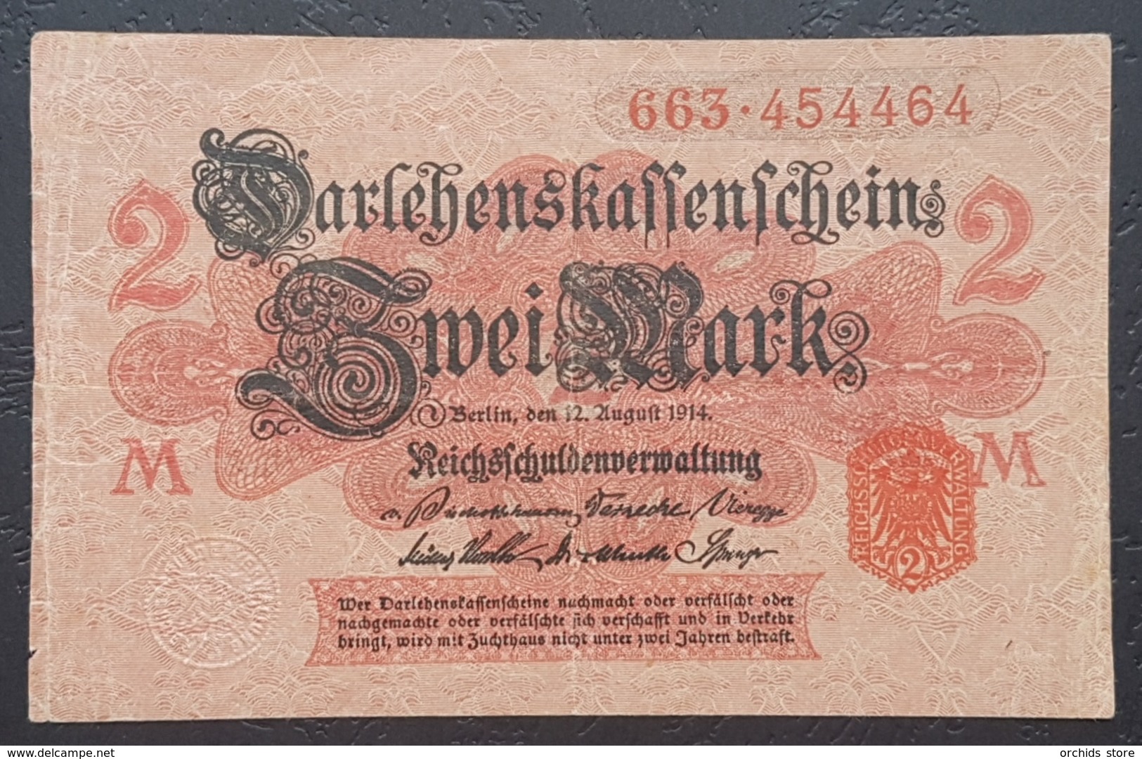 EBN12 - Germany 1914 WWI Banknote 2 Mark Red Serial & Seal, All Red Underprint,  Pick #59 - Other & Unclassified