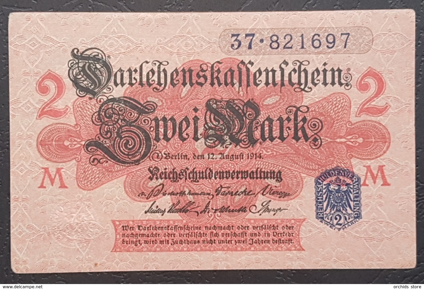 EBN12 - Germany 1914 WWI Banknote 2 Mark Blue Serial & Seal, All Red Underprint,  Pick #55 - Other & Unclassified