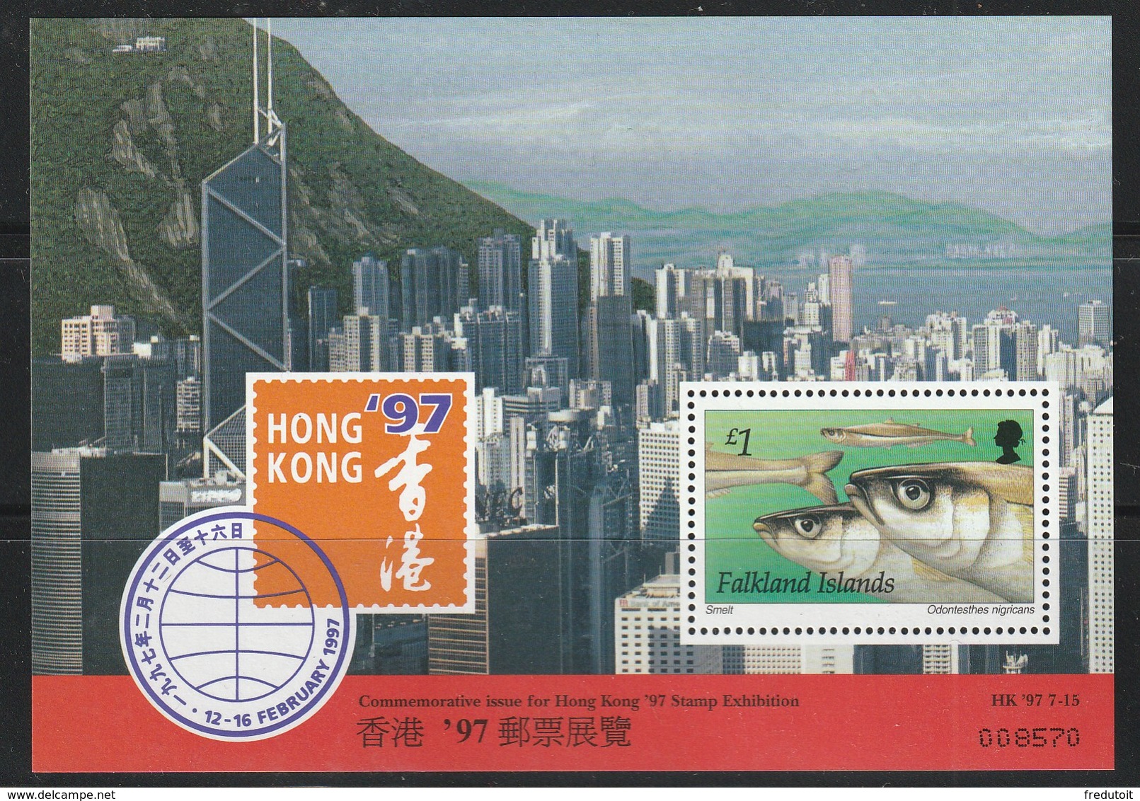 FALKLAND - BLOC N°15 ** (1997) Poissons - "Hong Kong 97" - Falklandeilanden