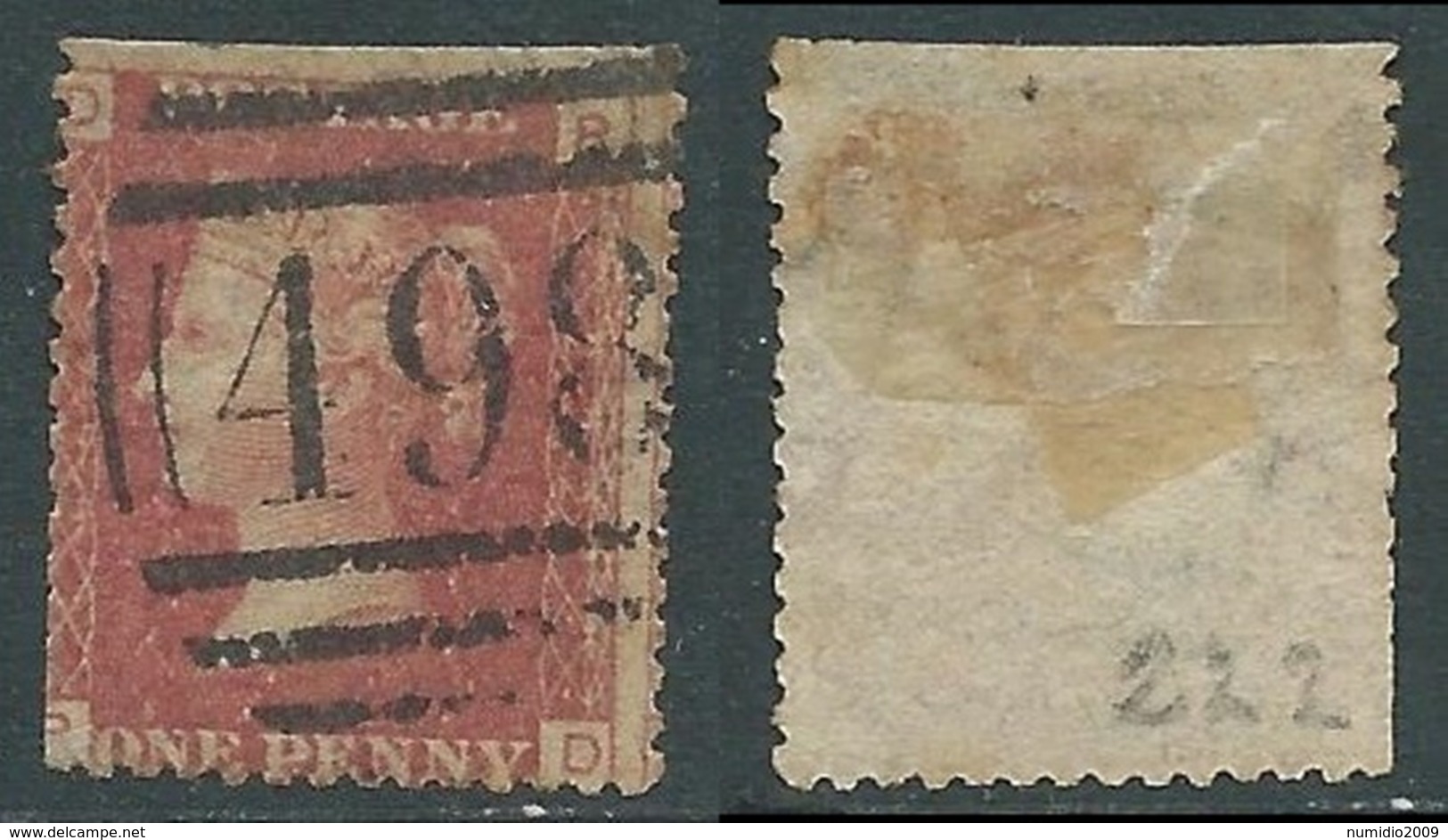 1858-79 GREAT BRITAIN USED SG 43 1d PLATE 222 (DP) DEFECTIVE - F19-7 - Usati