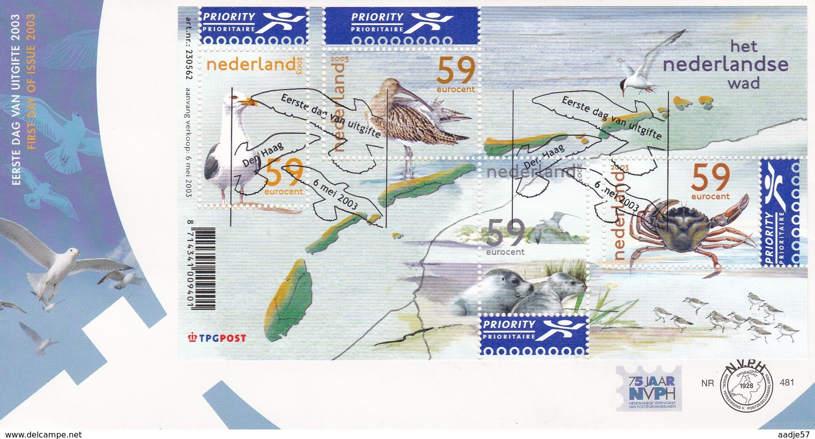 NETHERLANDS NEDERLAND FDC 06-05-2003 E 481 BLOCK PRIORITY STAMPS BIRDS SEAL CRAB NATURE FAUNA - FDC