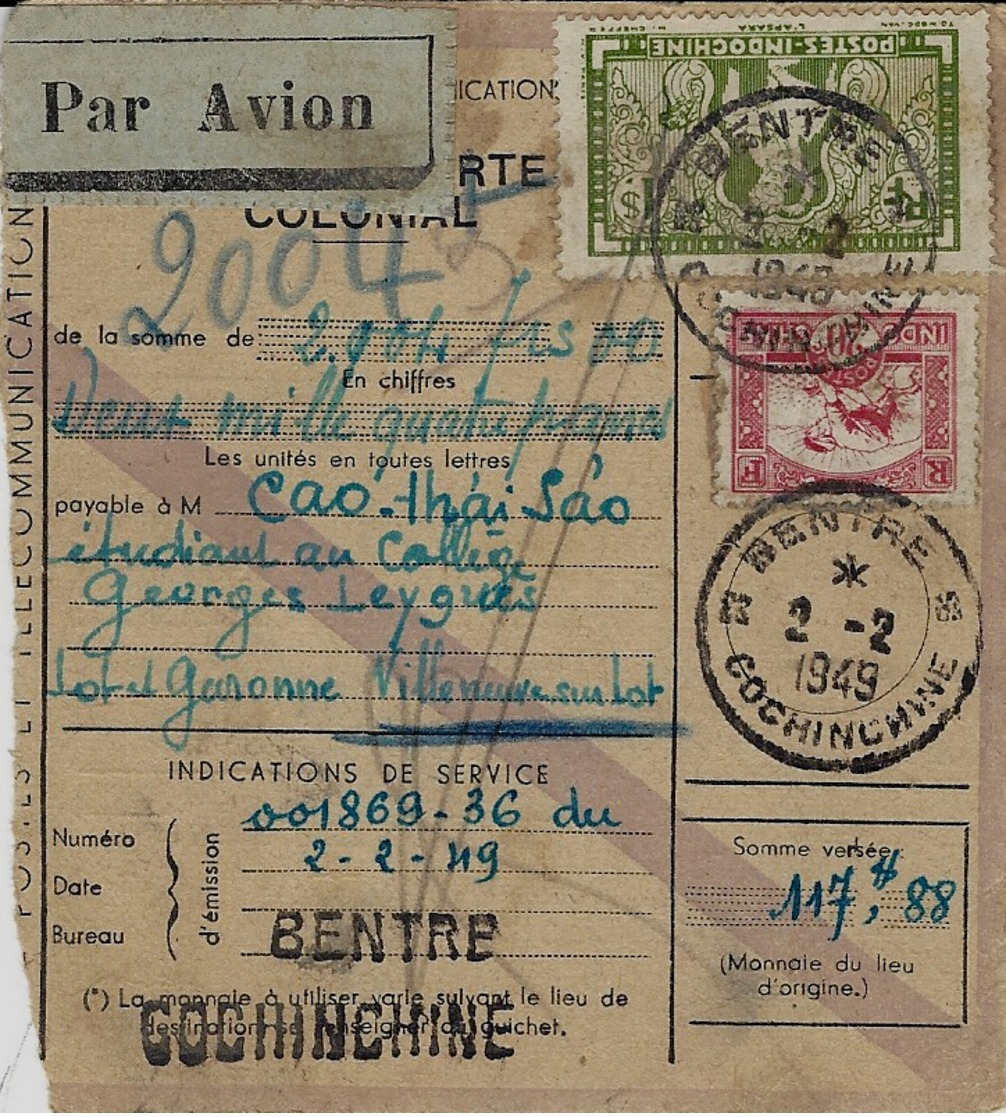 MANDAT-CARTE / COLONIAL   Par Avion De  BENTRE  Cochinchine - Lettres & Documents