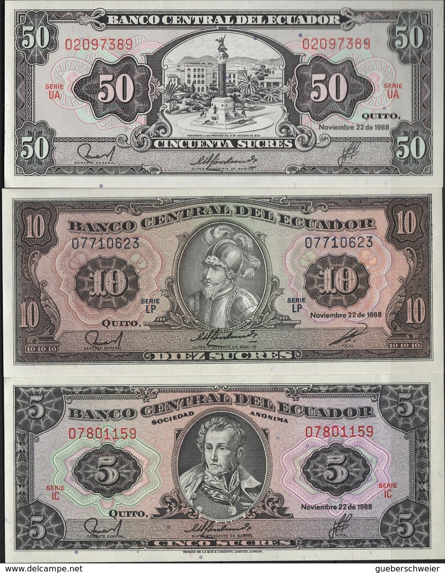 B43 - EQUATEUR 3 Billets De 5-10 Et 50 Sucres De 1988 1er Choix - Equateur