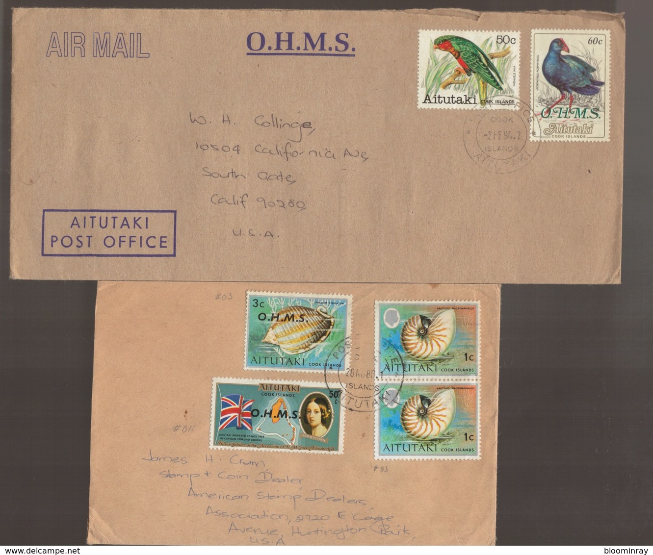 Cook Islands AITUTAKI O.H.M.S Birds Shells Covers - Cook Islands